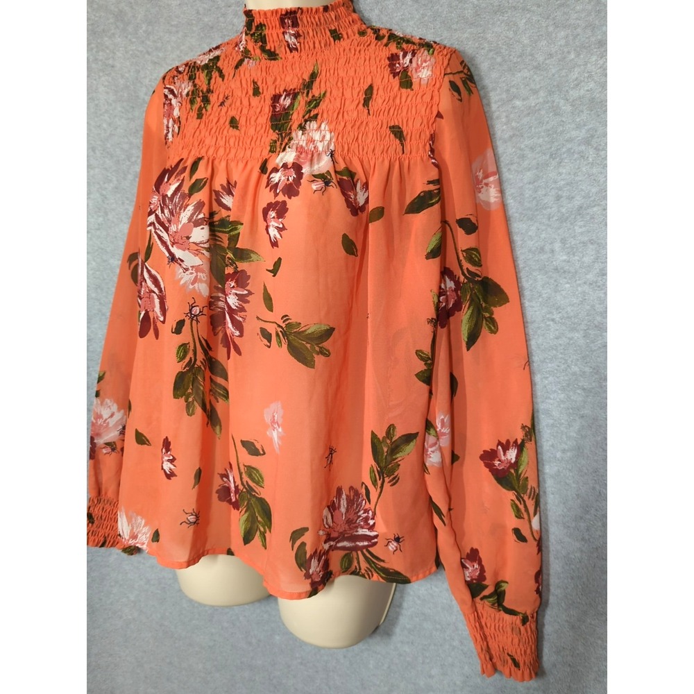 Abercrombie & Fitch Smocked Blouse L Semi Sheer Mock Neck Boho Appeal Easy Chic